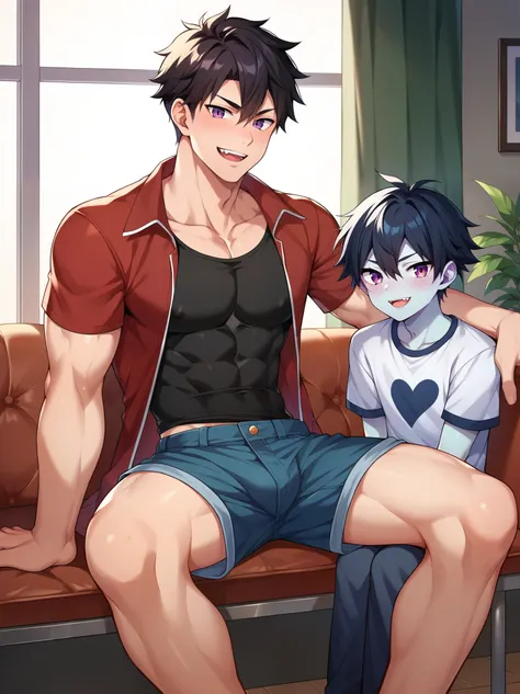 score_9, score_8_up, score_7_up, source_anime, 1boy, dominant white male, male, enormous ligh skinned mal, smug, muscular light skinned male, sexy, shorts, sitting on loveseat, indoors,  horny, big dick,twink, lean, twink boy, yumejoshi, femporn,  marcelin...