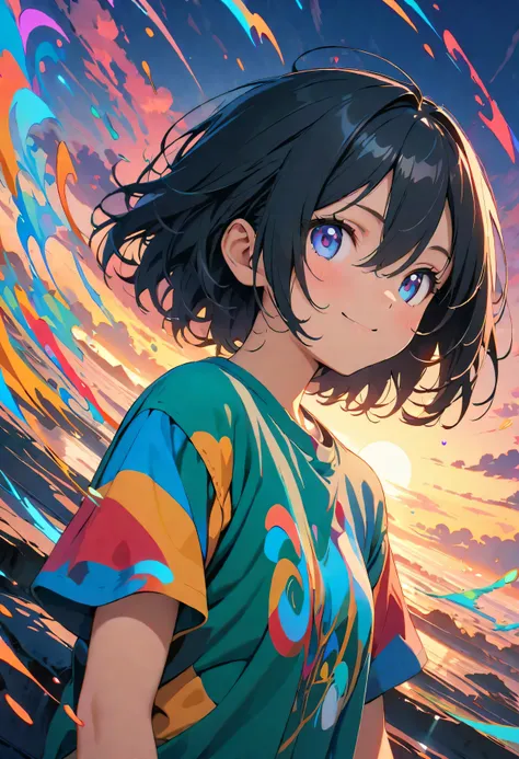 (masterpiece, Highest quality, Official Art:1.2), (colorful), Perfect Anatomy, Looking at the audience,One Girl, alone, floating colorful water, Ultra-fine illustrations, Highly Details, Dynamic Angle, Beautiful detailed, 8K, 壊す smiling amidst the colorful...