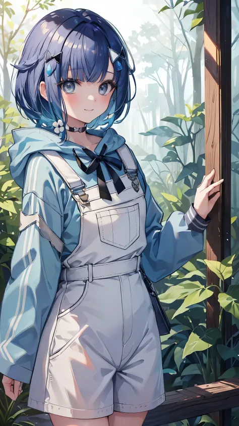 (masterpiece、Highest quality、Very detailed))、One Girl、Tsumugi Kokage、short hair、Blue Hair、hair ornament、Grey Eyes、smile、Moderate breasts、((light blue Jersey))、hoodie、overalls、Cowboy Shot、Forest Background