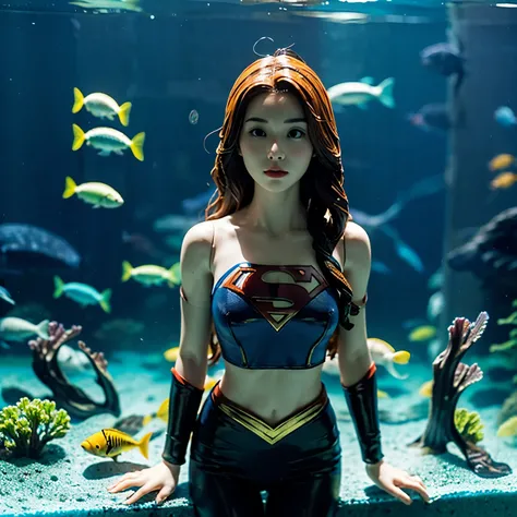 Supergirl、1/6th scale adult figure、(((A large aquarium filled with eel figures)))、SFW、(((A large number of eel figures arranged in a large aquarium)))、正確なSupergirlのコスチューム、