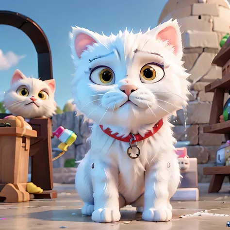 A boy sprayed a white Persian cat with a water gun, causing the white Persian cat to panic. Disney Pixar style, 3D, 4K.