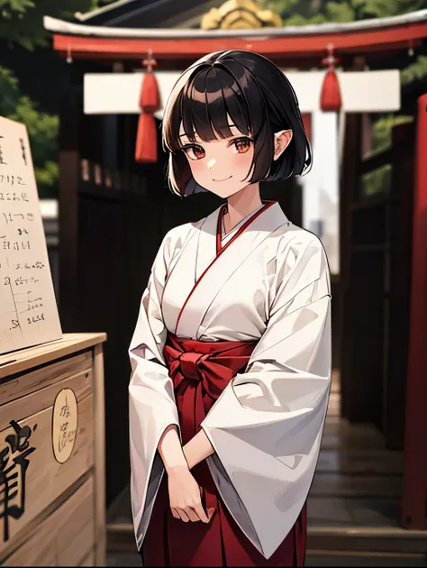 1 girl, Solo, 12 years old, cute girl, Best Quality, masutepiece, 8K, High resolution, Ultra-detailed, black hair, bob hair, blunt bangs, smile, (grace, shrine maiden costume, white kimono, red hakama, hakama skirt),