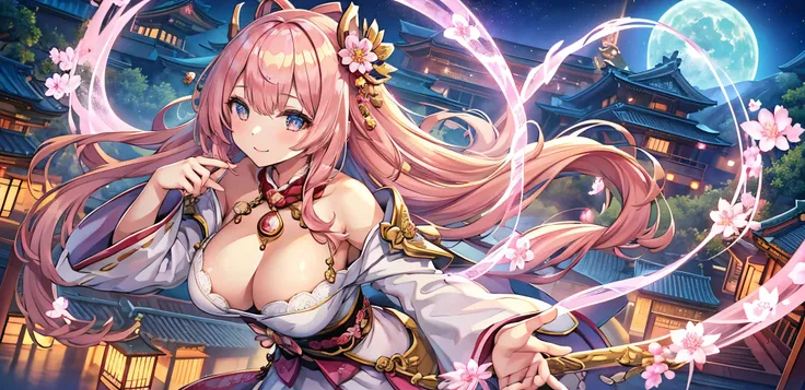 Masterpiece、Highest quality、Super detailed、1 girl、Light pink hair、Fluffy and soft long hair、Starry eyes、Big Tits、Cleavage、Too big breasts、Heian period、Japanese fantasy、Wide open chest、Mysterious Lights、Night Sky、smile、Lace cape、Belly button