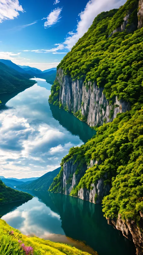 masterpiece, Ultimate quality, Cg unity 8k wallpaper, Ultra-delicate, Beautiful sky and clouds, Rich natural scenery, cliff, Lakes and rivers, Waterfalls and flying water, Beautiful green mountains, No one is seen, beautiful landscape, Won a photography co...