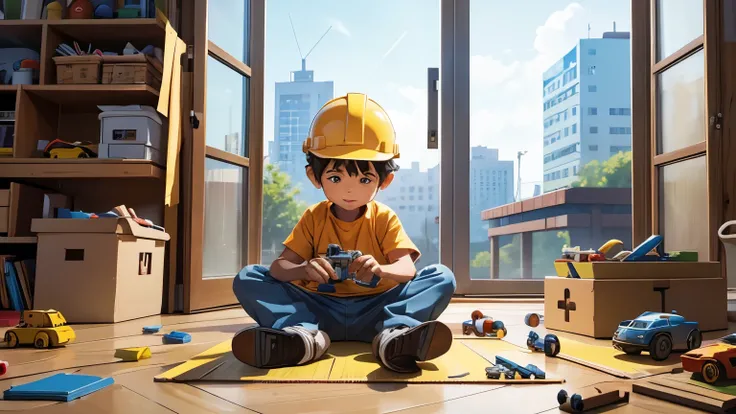 illustration of a small boy playing as if he were an engineer, he is wearing safety google and safety helmet, Little boy is building puzzle toys to form a building