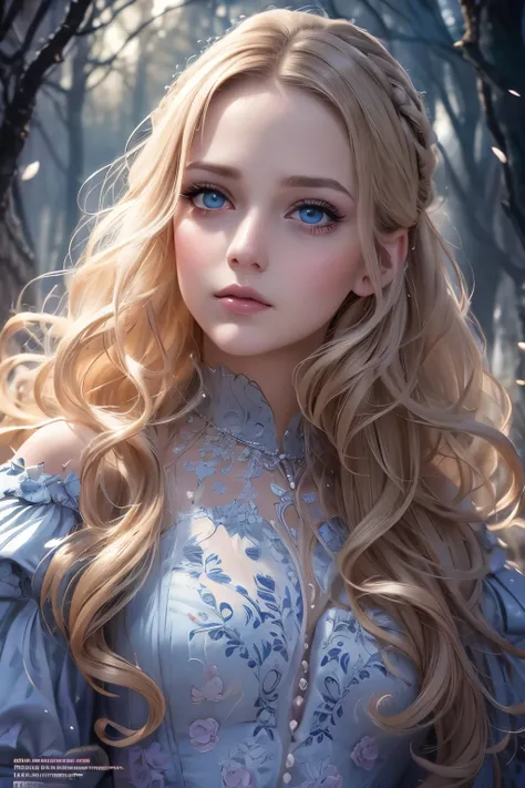 realistic magazine cover, 1girl, alice in wonderland, beautiful detailed eyes, beautiful detailed lips, extremely detailed face and portrait, long eyelashes, young girl, curly blonde hair, detailed hair, elegant dress, standing pose, looking at camera, sur...