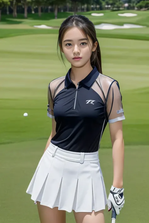 1girl, 14 years old, (Highest quality,Ultra detailed face,,Detailed skin,Golf Swing),8K,(Medium bust:1.2),Golf course,(Thin, see-through golf wear:1.3),pretty girl, mini skirt,