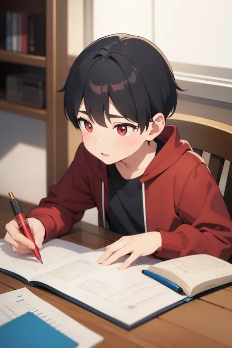 boy studying with a red pen in hand