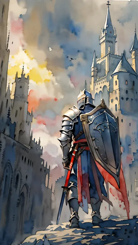 (masterpiece:1.2),(Highest quality),(Very detailedな),(Ultra-high resolution),8K,(Dark Souls Style),((watercolor)),(Holy Knight),Holy Knightの剣,Holy Knightの鎧,Holy Knightの盾,(One person: 1.5),Very detailed,The background is a gradient of white, gray and yellow...