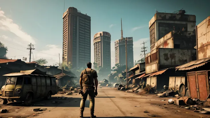 fallout, indonesia theme, post-apocalyptic, jakarta, nation, identic, vernacular, authentic, realistic, indonesia, fallout 4 style, a man glaring at the sky in the city in afternoon