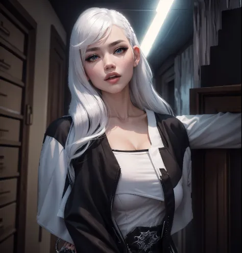 AVATAR SECOND LIFE Korean girl jacket , asiática White hair, White hair, White hair, Perfect and detailed face, imvu, maximalist details, AVATAR SECOND LIFE Korean blouse and pants , neon, White hair, jeans