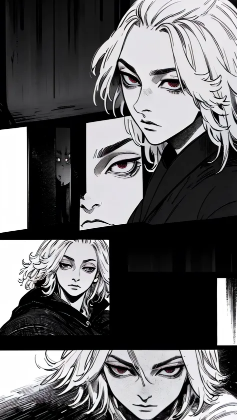 Best quality)), ((masterpiece)), (detailed: 1.4) , glowing red eyes, dark background, dark environment, scary, japanese horror inspired, wide eyes, full body, dark empty eyes , manga Style , black and white style