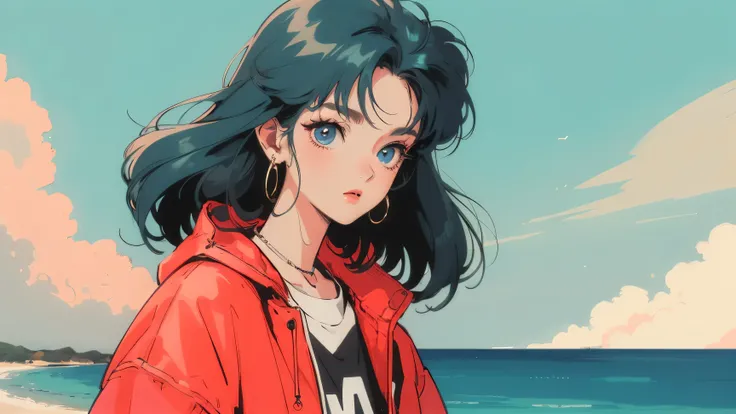 masterpiece, Highest quality, Rainbow Style, anime, Beautiful Asian Girl, K-Pop aesthetics and style, 80s American hippie style, Along the Hawaiian Coast, Cute and dreamy,anime,Illustrator,LOFI Girl,