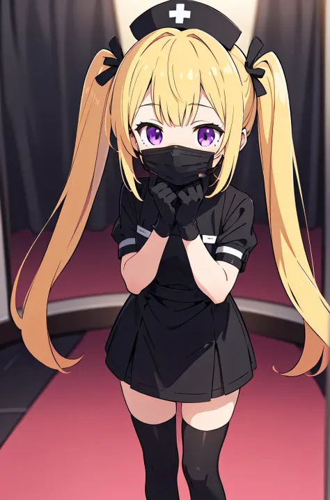 black nurse, 1girl, solo, black nurse cap, black nurse uniform, ((black legwear, zettai ryouiki)), black elbow gloves, twintails, yellow hair, purple eyes, ((black surgical mask, covered nose)), standing, ((surgery room)), sharp outline, short sleeves, bes...