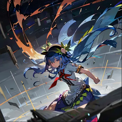 hinanawi tenshi, surrounded by earthquakes, surrounded by flying debris, floating in the gray sky, beautiful detailed eyes, beau...