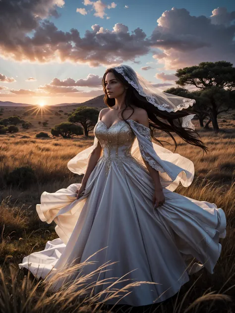 In the heart of the savanna at twilight, a woman in a wedding dress stands as the central figure. Her veil, a masterpiece of intricate design, billows dramatically around her in the fierce wind, creating an otherworldly dance of fabric. The sky above is a ...