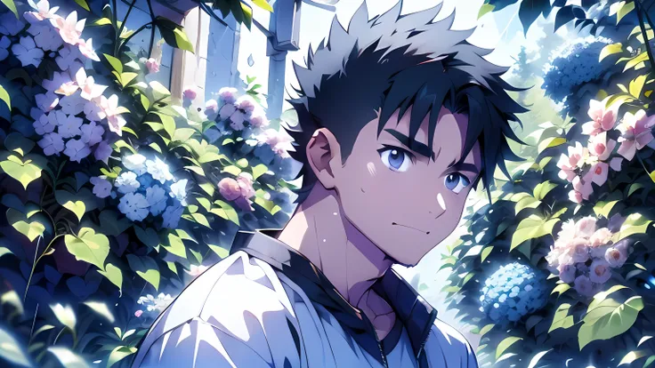 ((Highest quality)), ((masterpiece)), (detailed), Highest quality、High resolution、8K、shirt、One adult male、33 years old、Dark Eyes、Black Hair、rain、Looking at hydrangeas、Japanese anime-like style、超High resolutionかわいい萌えアニメ8k、handsome face manly、undercut、Fake H...