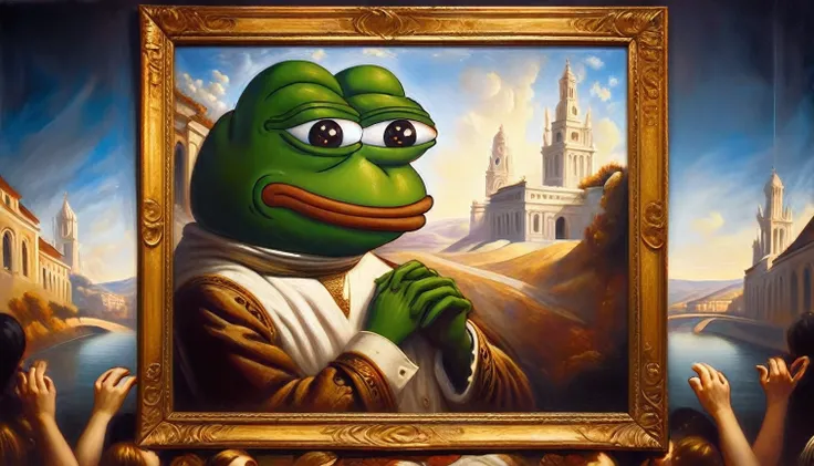 Pepe the frog, museum, beautiful painting by leonardo, hyperrealistic, 8k, masterpiece, highly detailed, intricate background, elegant lighting, dramatic composition, photorealistic, vibrant colors, soft textures, lifelike expression, whimsical atmosphere,...