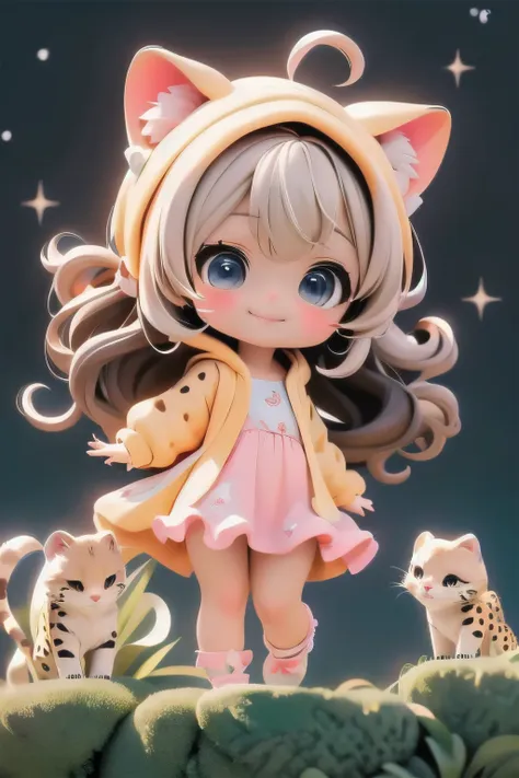 cute chibi girl smiling wearing a (cheetah kigurumi), jumping in the air, location garden at night, garden outdoors, starry sky,...