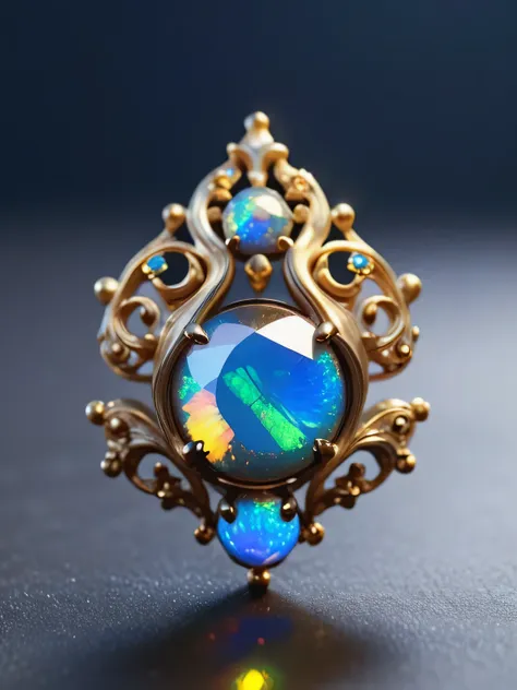 fairy tale object,  single earring made from blackopal, ornate, gilded macro lens, unique, exquisite, shimmering glistening spar...