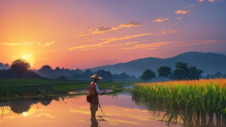 Digital Illustration, In the vibrant sunset、Farmer tending to rice field, The pink and orange sky is reflected on the flooded terrace, Art Style: watercolor, Art inspiration: Studio Ghibli, camera: 35mm, shot: ミディアムshot, Rendering-related information: High...