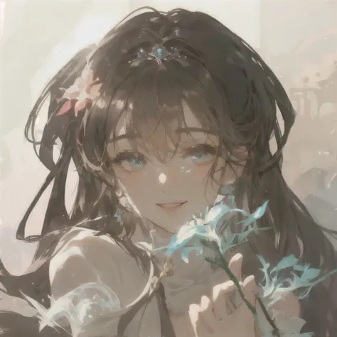 anime girl with a flower in her hand, guweiz, artwork in the style of guweiz, beautiful anime portrait, by Yang J, by Shitao, beautiful anime artwork, detailed digital anime art, smiling as a queen of fairies, guweiz on pixiv artstation, beautiful anime ar...