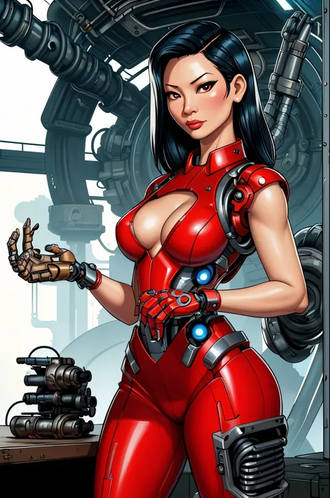 Lucy Liu, gorgeous mechanic, atompunk, blank background, retro-futurism, mechanical hand, cybernetic augment, steel hand
