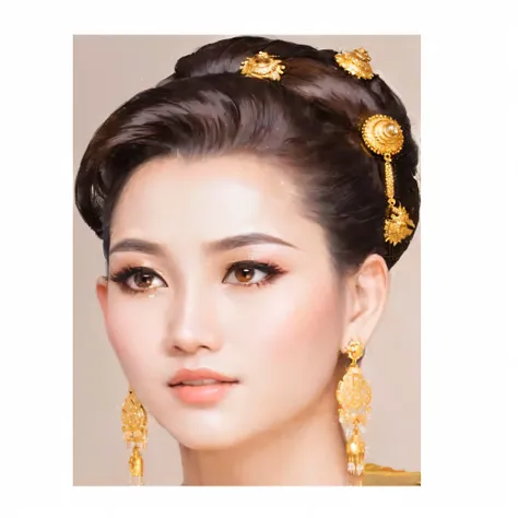 a close up of a woman with a gold head piece and earrings, south east asian with round face, traditional beauty, traditional makeup, traditional female hairstyles, nivanh chanthara, south east asian with long, traditional, dilraba dilmurat, imperial and el...