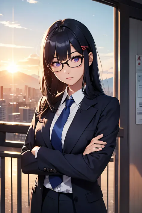 A girl with realistic dark blue hair, 25 years old girl, realistic bright purple eyes, realistic Korean pretty face, realistic cool expression, realistic hairclip, exactly the same clothes, realistic light, Realistic shadows, realistic backgrounds, office ...