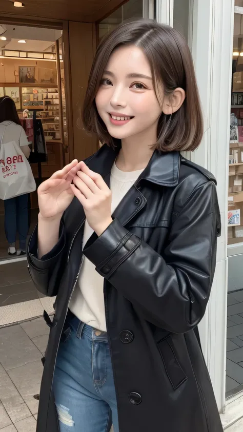 closeup shot , Best picture quality (8K, high resolution, Masterpiece: 1.2), super detailed,  215 Short Hair, 16-year-old woman, 

situation: A scene of people enjoying shopping on a city street corner。
clothing: Black trench coat and denim pants、sneakers。...