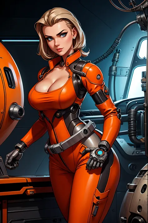 gorgeous female mechanic, atompunk, blank background, retro-futurism, mechanical hand, cybernetic augments, orange jumpsuit, gunmetal grey, cleavage
