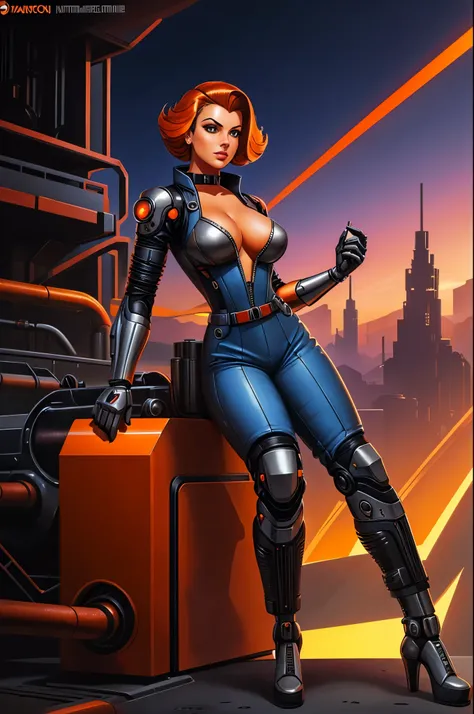 gorgeous female mechanic, atompunk, blank background, retro-futurism, mechanical hand, cybernetic augments, orange jumpsuit, gunmetal grey, cleavage
