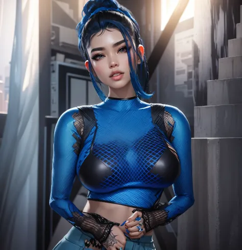 AVATAR SECOND LIFE Korean girl black blouse , asiática hair blue, hair blue, hair blue, Perfect and detailed face, imvu, maximalist details, AVATAR SECOND LIFE Korean blouse and pants , neon, hair blue, realistic hair, asian girl