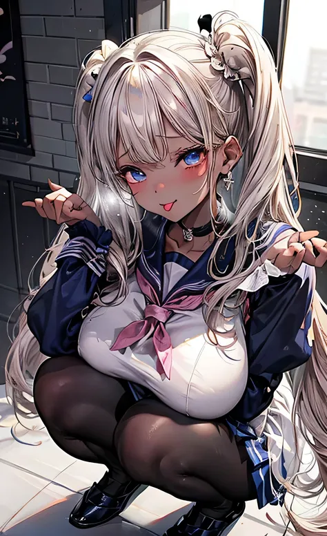 (masterpiece:1.2、Highest quality、Tmasterpiece)、(1 female)、alone、classroom、Day、(Squat:1.2)、whole body、beauty、blonde、Twin tails、blue eyes、(Sailor suit:1.4)、(Dark Skin:1.4)、break、Big Breasts、Long sleeve、Earrings、lipstick、(pantyhose:1.2)、weaty、choker、blush、Cov...