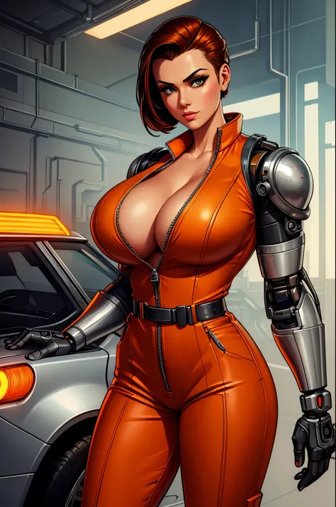 gorgeous mechanic, atompunk, blank background, retro-futurism, mechanical hand, cybernetic augments, unzipped orange jumpsuit, gunmetal grey, cleavage, 