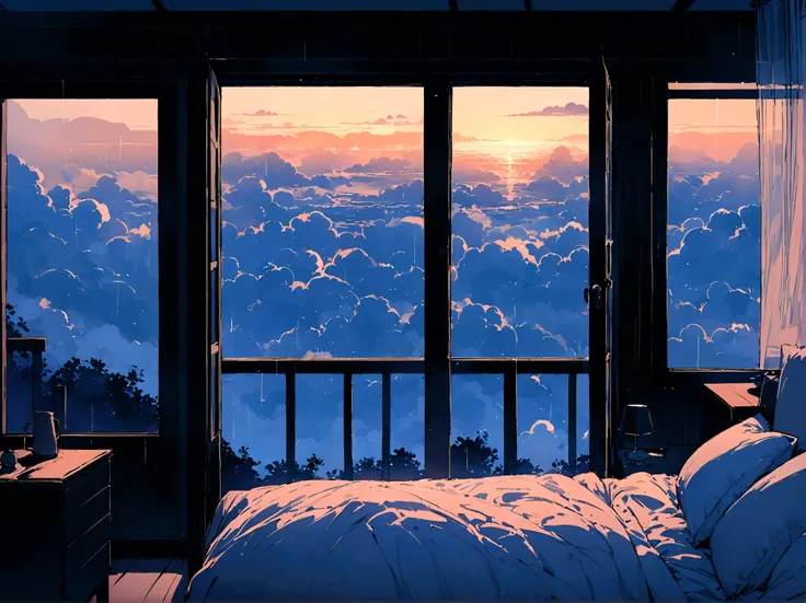 (masterpiece, best quality),Bedroom with sea view,Outside the window,It&#39;s raining,FOG,Comfortable bed.,Sea of Clouds,Warm,Night lighting