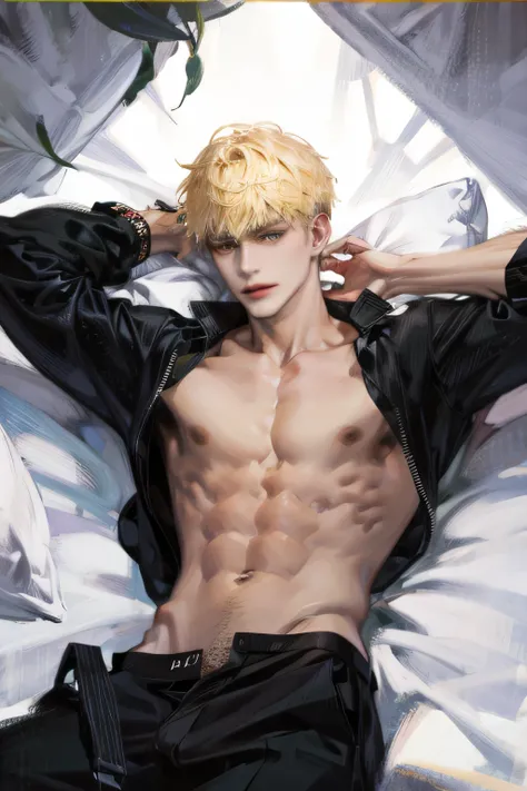 Jake Gillian, with an open white shirt, and black boxer shorts, lying in bed with your whole body, Short blonde hair