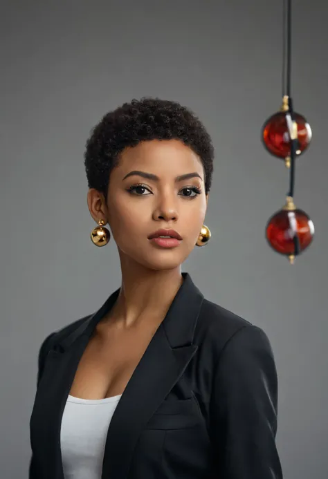 1 girl, epicrealism, Still cinematic, (((striking facial features))), Charming African-American woman, (((black female))), (((face neutral))), (((Cropped hair))), (((very dark skin))), (((busty black females))), (((boxum girl))), (((big pressed together)))...