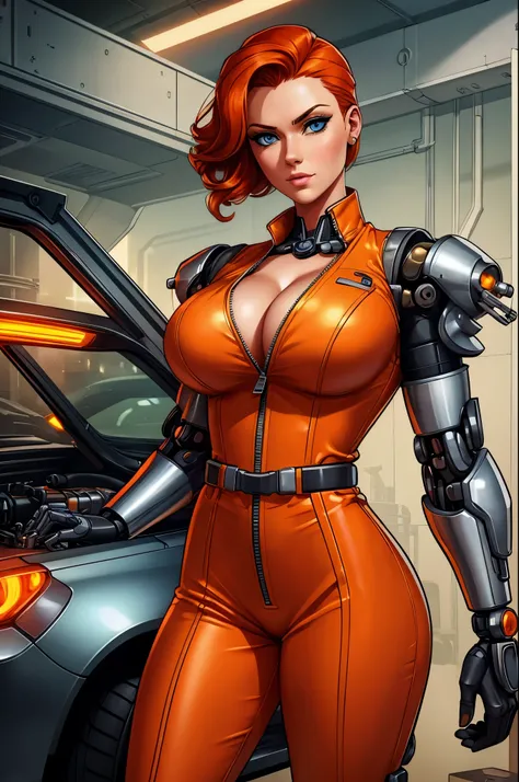 A gorgeous female mechanic in an atompunk style, with a blank background, wearing an unzipped orange jumpsuit revealing cleavage, featuring a mechanical hand and cybernetic augments, in a retro-futuristic setting with gunmetal grey tones, ginger hair, clea...