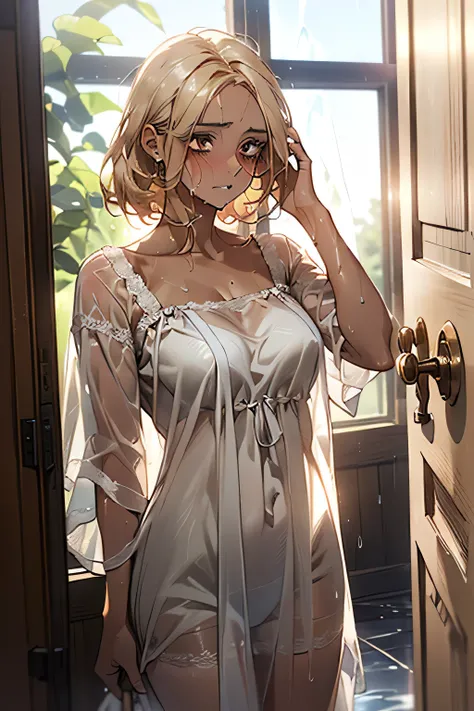 ((Blonde))，((blush:1.1))，((Brown Skin:1.5)),Soaking wet，((she is wearing only a soaking wet white seethrough casual dress:1.5))，big boombs,The background is the front door of the house，Floors that are wet with little water.