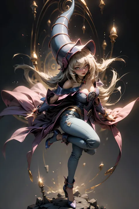 (Masterpiece:1.2), (The best quality:1.2), perfect lighting, Dark Magician Girl casting a spell, in battle. floating in the air, big and visible tits, wear jeans and heels. transparent neckline, blue robe, big hat, From above, sparkles, Yugioh game, The ma...