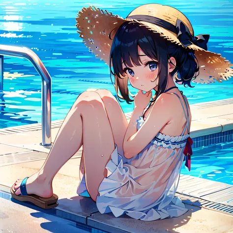 {{{Top quality}}}, {{Very detailed}}, {Illustration}, {{Very delicate and beautiful}}, ((poolside)), White dress (half-dressed), Summer sandals, Straw hat, NSFW, girl (5 years old, bare legs), small breasts, round face, girl, (baby face: 1.25), (baby face:...