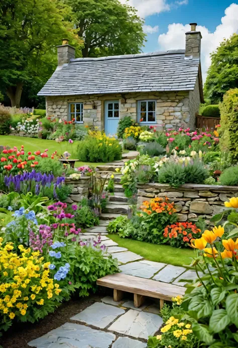 A small cottage in the middle of a garden. The cottage is made of stone and wood with a grey slate roof. It has a small porch with a bench and a flower garden in front of it. The garden is full of colorful flowers and there are trees in the background. The...