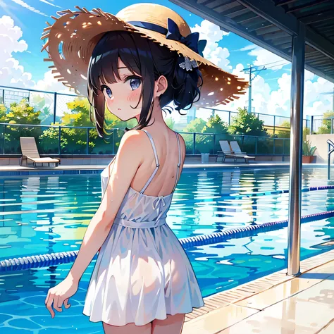 {{{Top quality}}}, {{Very detailed}}, {Illustration}, {{Very delicate and beautiful}}, ((poolside)), White dress (half-dressed), Summer sandals, Straw hat, NSFW, girl (5 years old, bare legs), small breasts, round face, girl, (baby face: 1.25), (baby face:...