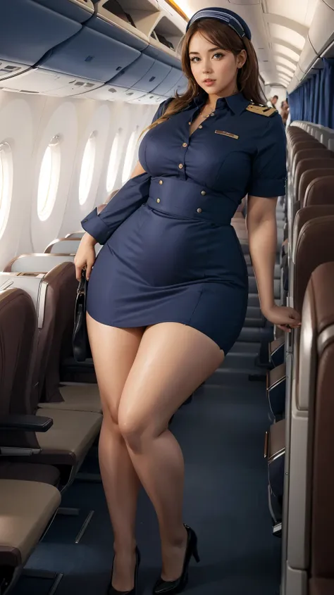 air hostess woman in aircraft, curvy, thick high, wide hips, loong legs, pawg, beautifull, full body shot,