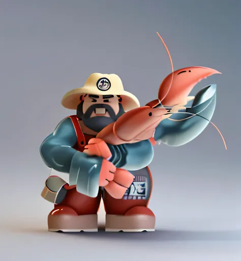 Fisherman，Wear a hat，Holding a lobster，3D Model，3D Rendering