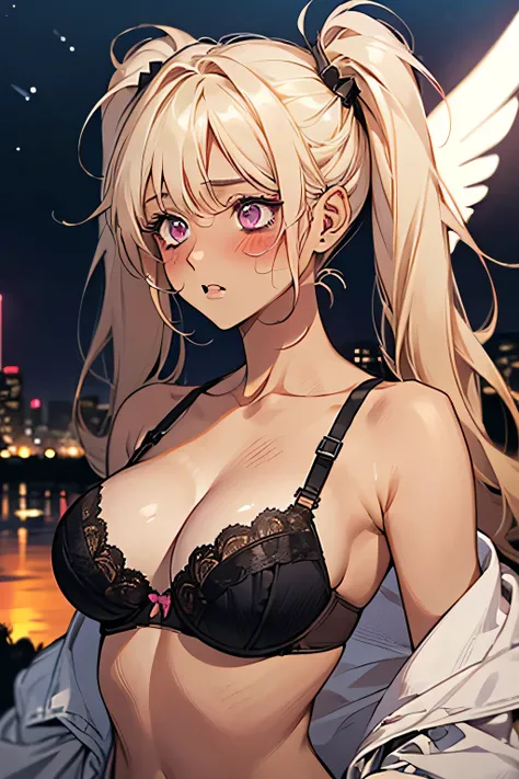 Twin tails，((bionde))，((Embarrassing)),((Blush 1.5))Purple eyes，Large Breasts，Black Bra，((Brown Skin:1.5))，Angel wings. Las Vegas night view in the background，night.