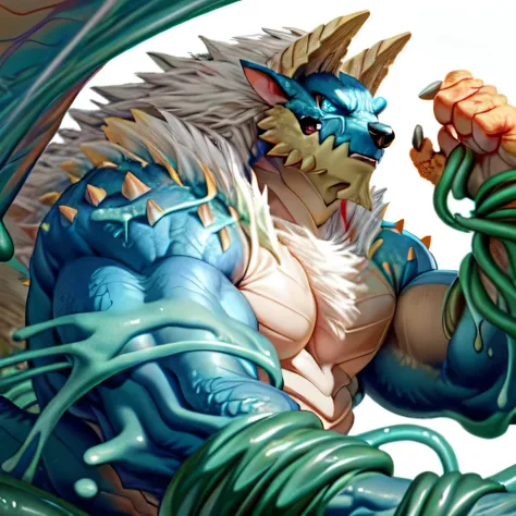 anthropology,(zinogre:1.2),Tail,((whole body,blue eyes, Blue body, White furry, Yellow Hand, Feet, Blue face,4 toes,Tail )),,muscular, whole body, (author：null-ghost,From raccoon21,masterpiece,high quality), Night Fight,((boundary)), rest (((Slime monster ...