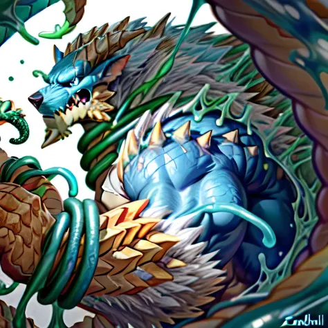 anthropology,(zinogre:1.2),Tail,((whole body,blue eyes, Blue body, White furry, Yellow Hand, Feet, Blue face,4 toes,Tail )),,muscular, whole body, (author：null-ghost,From raccoon21,masterpiece,high quality), Night Fight,((boundary)), rest (((Slime monster ...