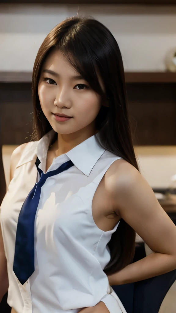 asian girl, white formal collared sleeveless shirt